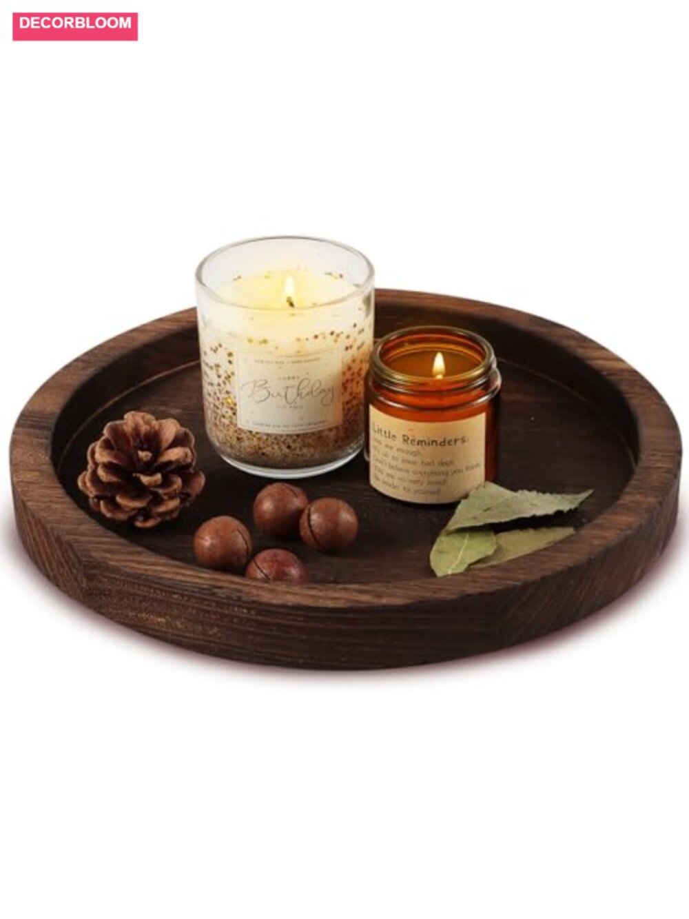 Round Wooden Decorative Tray Candle Holder Rustic Distressed Paulownia Wood